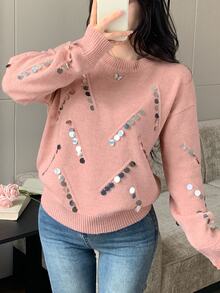 Modelyn Women's Sequin Casual Versatile Daily Wear Long Sleeve Sweater - Pink - View 2