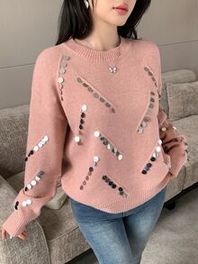 Modelyn Women's Sequin Casual Versatile Daily Wear Long Sleeve Sweater - Pink - View 5