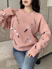Modelyn Women's Sequin Casual Versatile Daily Wear Long Sleeve Sweater - Pink - View 7