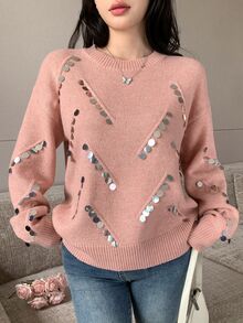 Modelyn Women's Sequin Casual Versatile Daily Wear Long Sleeve Sweater - Pink - View 1