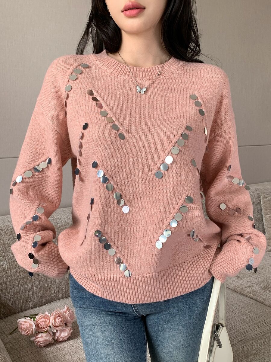 Modelyn Women's Sequin Casual Versatile Daily Wear Long Sleeve Sweater - Pink - View 1