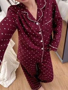 SHEIN 泡泡皺褶愛心印花長袖上衣與長褲女款睡衣 波點睡衣 秋冬服飾 - 酒紅色 - 查看 5