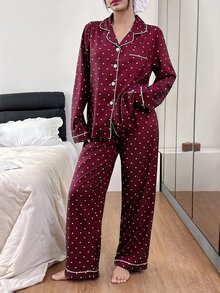 SHEIN 泡泡皺褶愛心印花長袖上衣與長褲女款睡衣 波點睡衣 秋冬服飾 - 酒紅色 - 查看 4