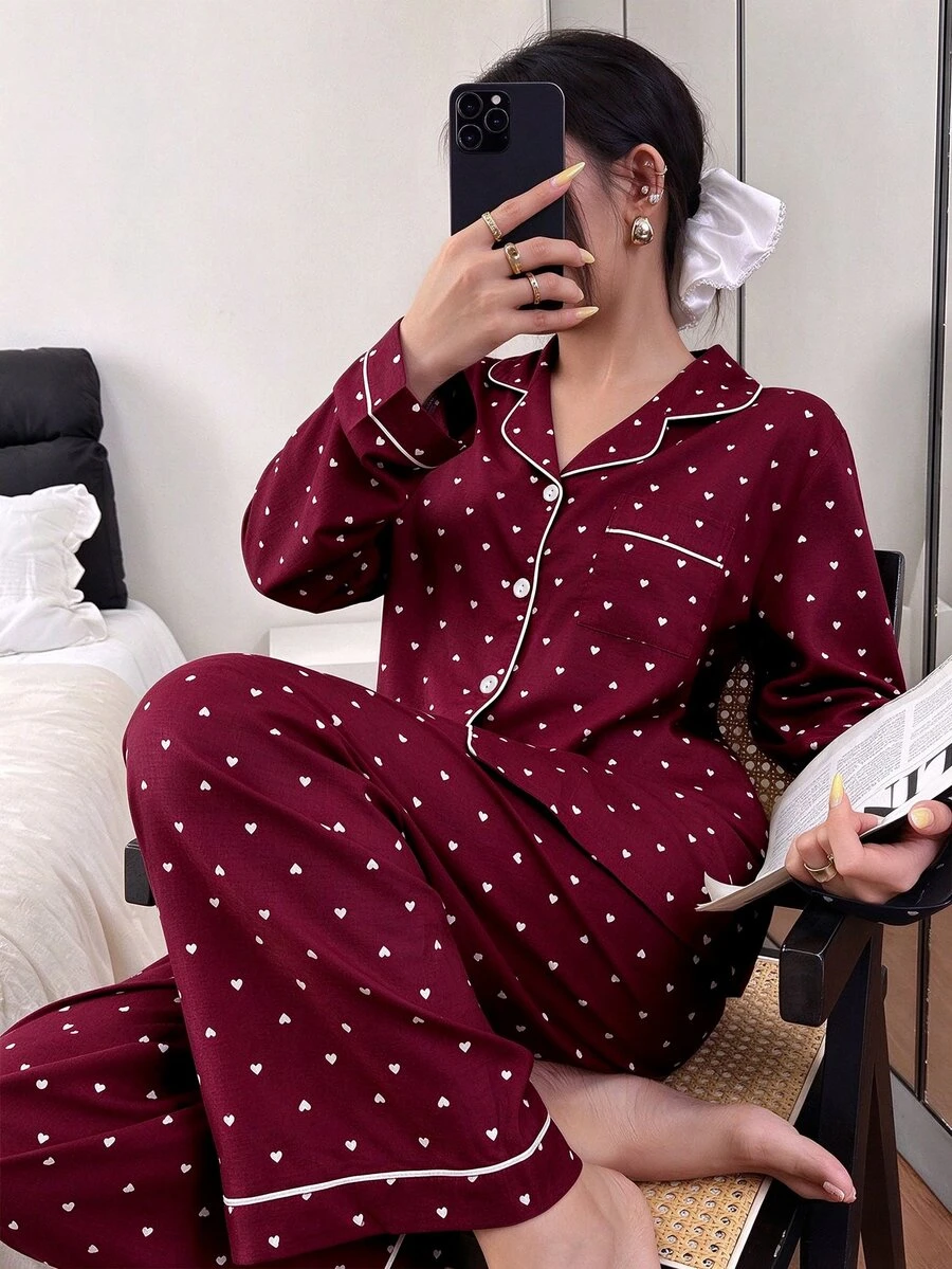 SHEIN 泡泡皺褶愛心印花長袖上衣與長褲女款睡衣 波點睡衣 秋冬服飾 - 酒紅色 - 查看 1