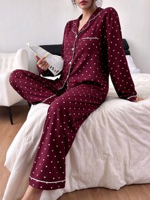SHEIN 泡泡皺褶愛心印花長袖上衣與長褲女款睡衣 波點睡衣 秋冬服飾 - 酒紅色 - 查看 6