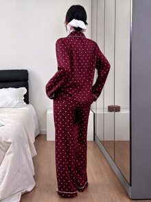 SHEIN 泡泡皺褶愛心印花長袖上衣與長褲女款睡衣 波點睡衣 秋冬服飾 - 酒紅色 - 查看 2