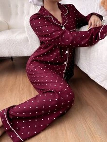 SHEIN 泡泡皺褶愛心印花長袖上衣與長褲女款睡衣 波點睡衣 秋冬服飾 - 酒紅色 - 查看 3