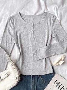 SHEIN Tween Girls Cotton-Feel Floral Kids Grey 95% Cotton Half-Button Long Sleeve T-Shirt, Versatile All-Season Casual Daily Wear - Light Grey - View 2