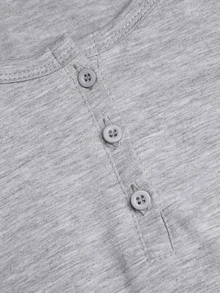 SHEIN Tween Girls Cotton-Feel Floral Kids Grey 95% Cotton Half-Button Long Sleeve T-Shirt, Versatile All-Season Casual Daily Wear - Light Grey - View 6