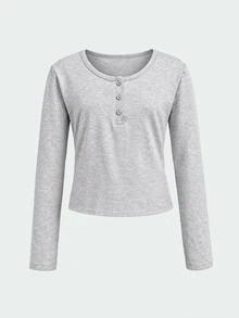 SHEIN Tween Girls Cotton-Feel Floral Kids Grey 95% Cotton Half-Button Long Sleeve T-Shirt, Versatile All-Season Casual Daily Wear - Light Grey - View 3