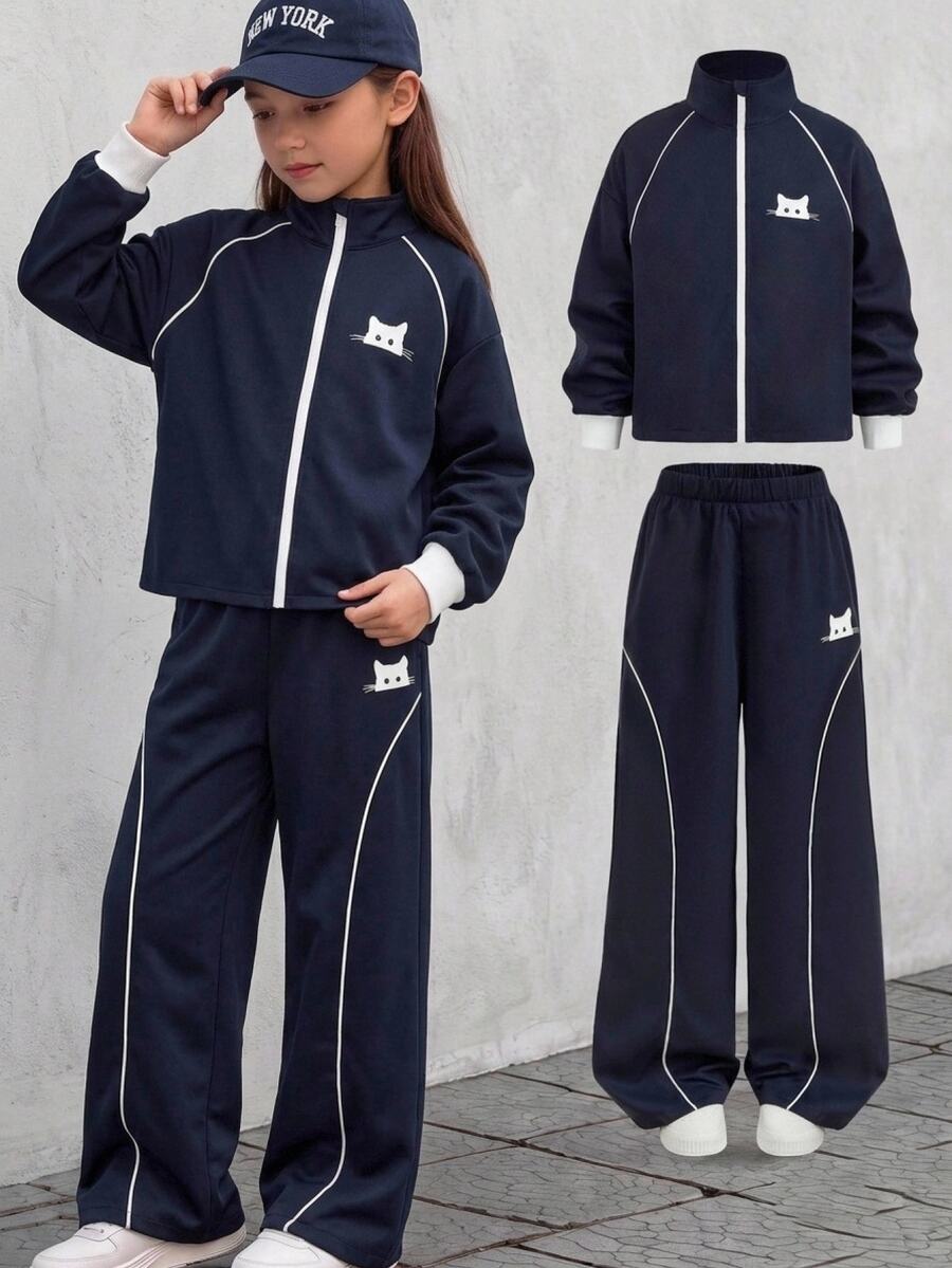 SHEIN 兒童青少年女孩休閒運動風秋季時尚深藍色白色對比袖口貓咪圖案長袖拉鍊外套與長褲兩件套校園穿搭 - 藍白色 - 查看 1