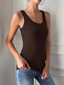 SHEIN Tall ملابس علوية بدون أكمام بياقة دائرية بلون موحد، للنساء الطويلات - شوكولاته بني - مشاهدة 1