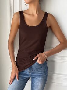 SHEIN Tall ملابس علوية بدون أكمام بياقة دائرية بلون موحد، للنساء الطويلات - شوكولاته بني - مشاهدة 4