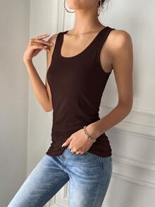 SHEIN Tall ملابس علوية بدون أكمام بياقة دائرية بلون موحد، للنساء الطويلات - شوكولاته بني - مشاهدة 3