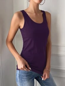 SHEIN Tall 素色圓領背心上衣，高個女性適用 - 紫色 - 查看 1