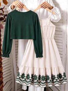SHEIN Vintaside Kids Tween Girls Fall Autumn Rib Knit Bow Cardigan & Floral Border Cami Dress Set - Dark Green - View 2
