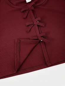 SHEIN Tween Girls Fall Autumn Rib Knit Bow Cardigan & Floral Border Cami Dress Set - Burgundy - View 6