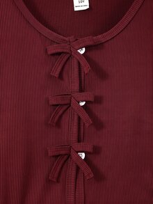 SHEIN Tween Girls Fall Autumn Rib Knit Bow Cardigan & Floral Border Cami Dress Set - Burgundy - View 5