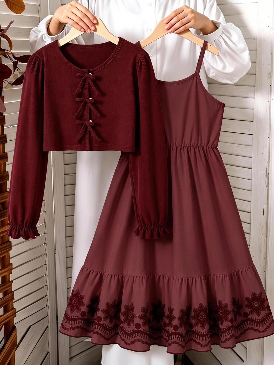 SHEIN Tween Girls Fall Autumn Rib Knit Bow Cardigan & Floral Border Cami Dress Set - Burgundy - View 1