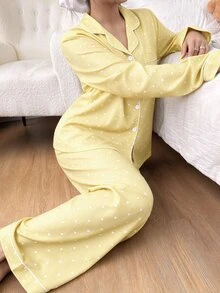 SHEIN 泡泡皺褶愛心印花長袖上衣與長褲女款睡衣 波點睡衣 秋冬服飾 - 黃色 - 查看 6