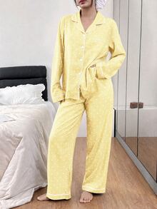 SHEIN 泡泡皺褶愛心印花長袖上衣與長褲女款睡衣 波點睡衣 秋冬服飾 - 黃色 - 查看 4