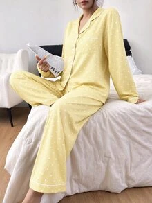 SHEIN 泡泡皺褶愛心印花長袖上衣與長褲女款睡衣 波點睡衣 秋冬服飾 - 黃色 - 查看 5