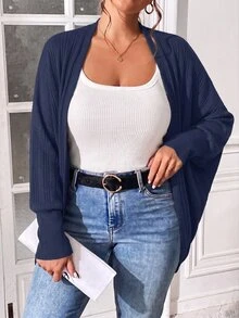 SHEIN Essnce Plus Size Women's Autumn New Fashion Business Casual Tops Brushed Fabric Solid Color Loose Buttonless Bat Cardigan,Fall Clothes For Women - Navy Blue - View 4