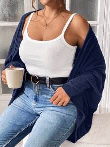 SHEIN Essnce Plus Size Women's Autumn New Fashion Business Casual Tops Brushed Fabric Solid Color Loose Buttonless Bat Cardigan,Fall Clothes For Women - Navy Blue - View 8