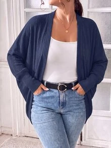 SHEIN Essnce Plus Size Women's Autumn New Fashion Business Casual Tops Brushed Fabric Solid Color Loose Buttonless Bat Cardigan,Fall Clothes For Women - Navy Blue - View 3