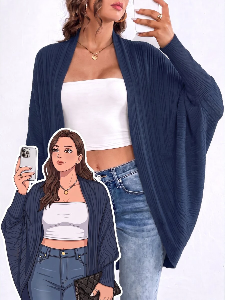 SHEIN Essnce Plus Size Women's Autumn New Fashion Business Casual Tops Brushed Fabric Solid Color Loose Buttonless Bat Cardigan,Fall Clothes For Women - Navy Blue - View 1