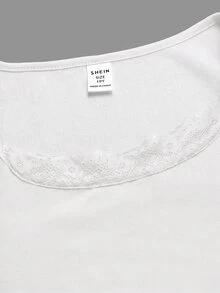SHEIN 大童女孩純黑色蕾絲圓領長袖修身短版T恤，休閒日常穿著 - 白色 - 查看 5