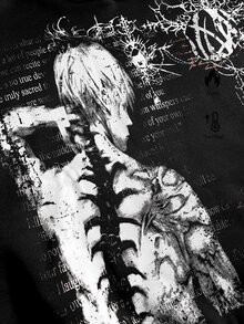 ROMWE MEN 男士標語與人物圖案連帽衛衣 - 黑色 - 查看 3