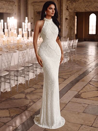 Elovaire Elegant Queen High-Neck Sleeveless Fan-Shaped Pearl-Designed Straight-Cut Formal Evening Gown Suitable For Wedding Guest Graduation Party White Winter