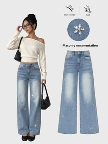 Sweetra Fashion Casual Y2k Girl Lady Style Rhinestone Straight Leg Denim Jeans School Date Light Blue Fall - Light Wash - View 1