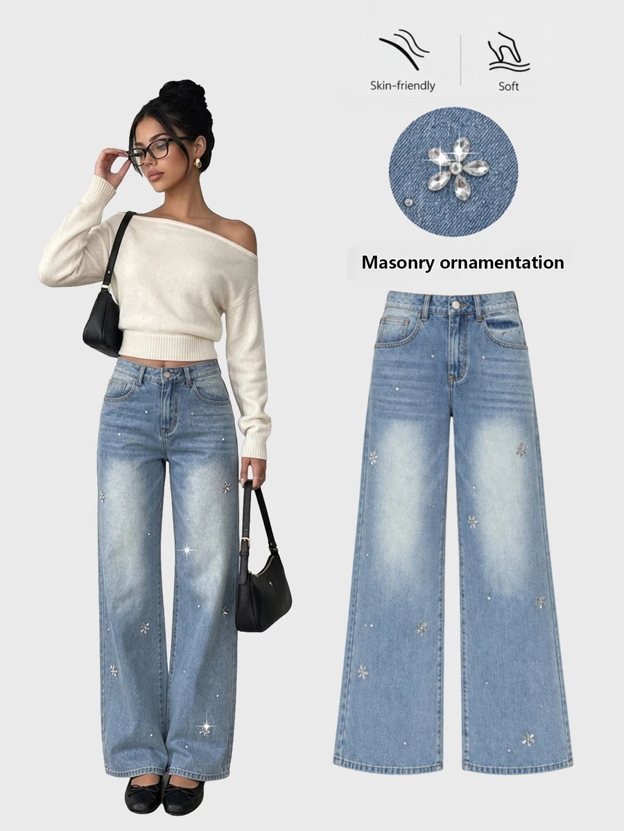 Sweetra Fashion Casual Y2k Girl Lady Style Rhinestone Straight Leg Denim Jeans School Date Light Blue Fall - Light Wash - View 1
