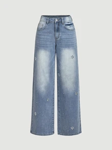 Sweetra Fashion Casual Y2k Girl Lady Style Rhinestone Straight Leg Denim Jeans School Date Light Blue Fall - Light Wash - View 7