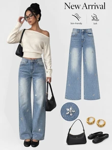 Sweetra Fashion Casual Y2k Girl Lady Style Rhinestone Straight Leg Denim Jeans School Date Light Blue Fall - Light Wash - View 2