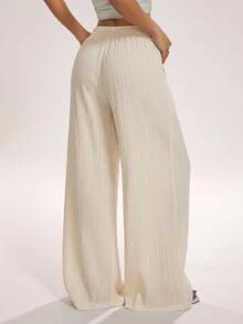 SHEIN PETITE Women's Solid Color Loose Drawstring Low Waist Wide Leg Long Pants - White - View 2