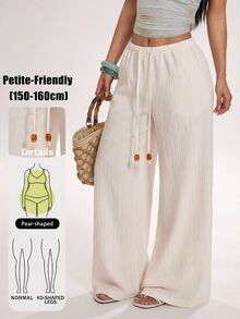 SHEIN PETITE Women's Solid Color Loose Drawstring Low Waist Wide Leg Long Pants - White - View 3