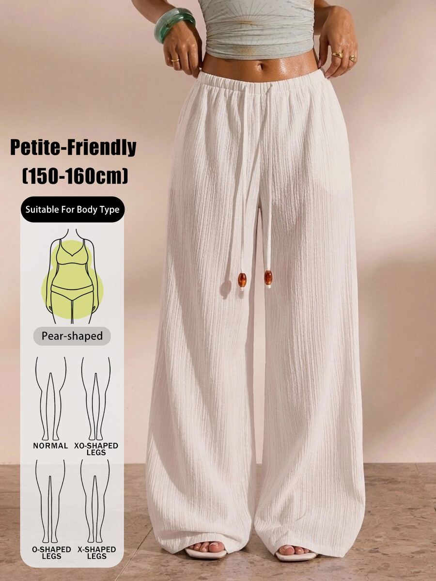 SHEIN PETITE Women's Solid Color Loose Drawstring Low Waist Wide Leg Long Pants - White - View 1