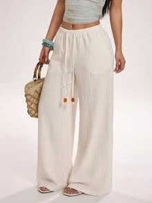 SHEIN PETITE Women's Solid Color Loose Drawstring Low Waist Wide Leg Long Pants - White - View 7