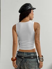StreetHx Women's Street Style Sexy Rhinestone Pleated Solid Color Cropped Fitted Tank Top Night Out Club All White Summer - White - View 5