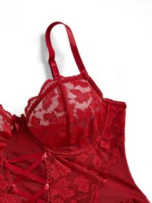 Spicy Aura 3件套女士性感内衣套装（钢圈吊袜带吊带裙、可拆卸吊袜带、丁字裤） - 酒紅色 - 查看 5