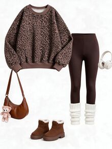Young Girls Leopard Print Crew Neck Sweatshirt Set, Personalized Leopard Print Set, Personalized Sweatshirt, Suitable For Autumn/Winter, Daily Street Wear, Casual Outfit, Energetic Outfit, Casual Outing, Basic Style, Comfortable And Easy To Wear, Daily Casual - Multicolor - View 2
