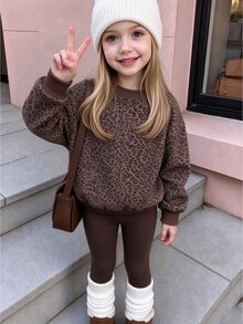 Young Girls Leopard Print Crew Neck Sweatshirt Set, Personalized Leopard Print Set, Personalized Sweatshirt, Suitable For Autumn/Winter, Daily Street Wear, Casual Outfit, Energetic Outfit, Casual Outing, Basic Style, Comfortable And Easy To Wear, Daily Casual - Multicolor - View 5