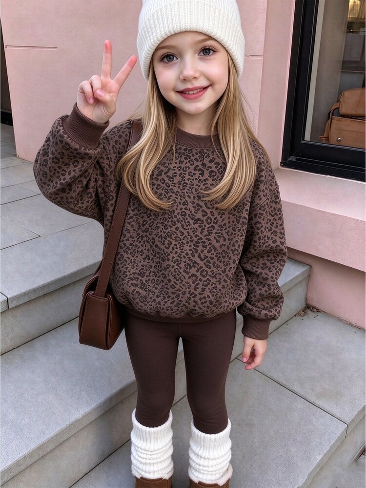 Young Girls Leopard Print Crew Neck Sweatshirt Set, Personalized Leopard Print Set, Personalized Sweatshirt, Suitable For Autumn/Winter, Daily Street Wear, Casual Outfit, Energetic Outfit, Casual Outing, Basic Style, Comfortable And Easy To Wear, Daily Casual - Multicolor - View 5