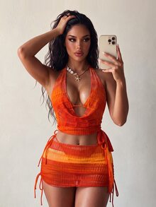 SHEIN Swim 4件套女士新款吊带露背上衣、侧系带衬衫、侧系带泳裤和迷你裙性感比基尼套装，夏季 - 橘色 - 查看 4