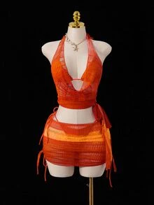 SHEIN Swim 4件套女士新款吊带露背上衣、侧系带衬衫、侧系带泳裤和迷你裙性感比基尼套装，夏季 - 橘色 - 查看 5