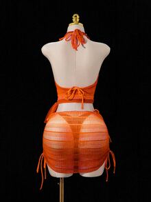 SHEIN Swim 4件套女士新款吊带露背上衣、侧系带衬衫、侧系带泳裤和迷你裙性感比基尼套装，夏季 - 橘色 - 查看 6