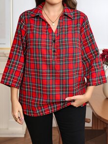 SHEIN LUNE Plus Size Leopard Print Mid-Sleeve Shirt Christmas - Red - View 5